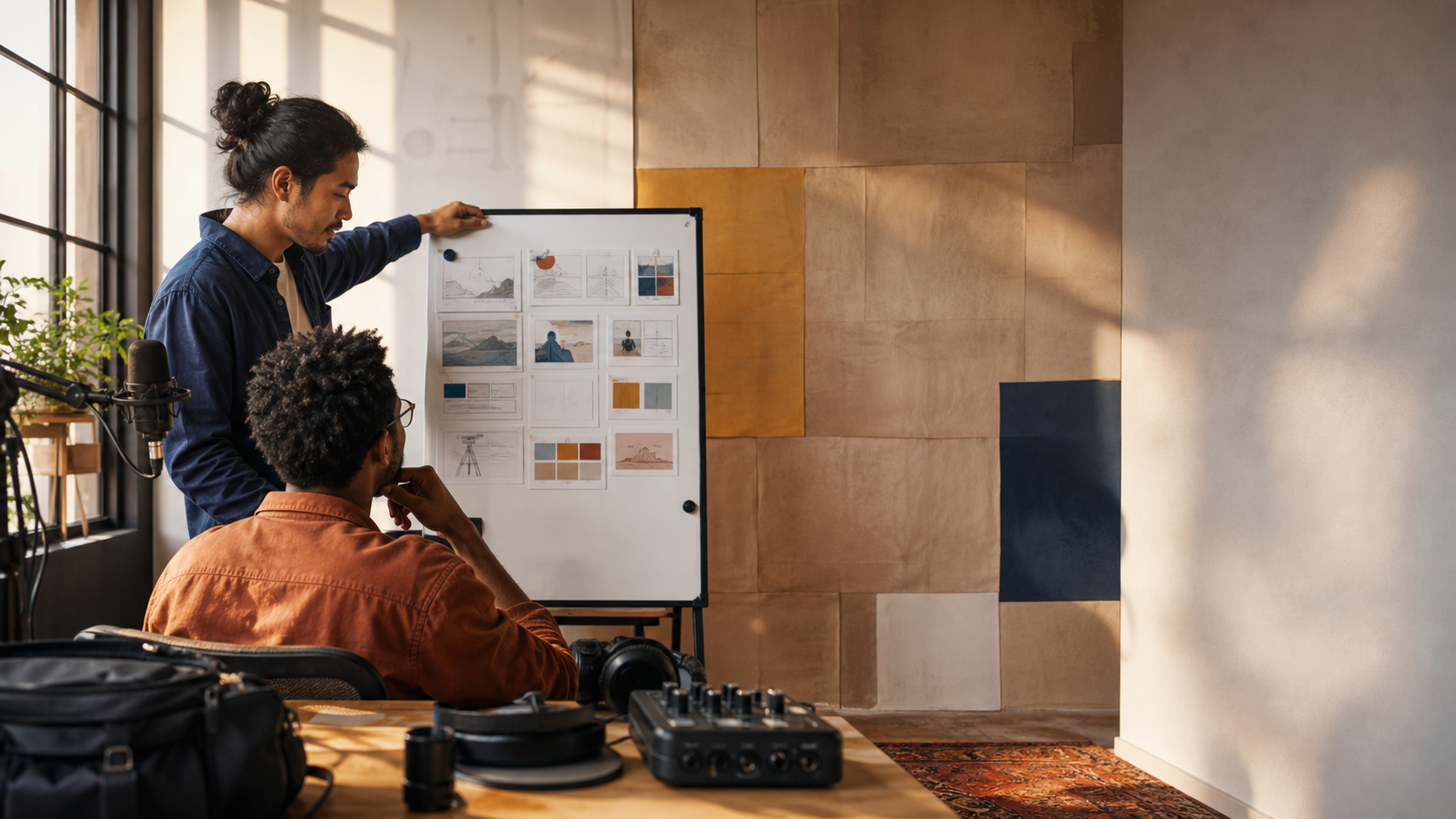 Two content creators reviewing a production board in a studio